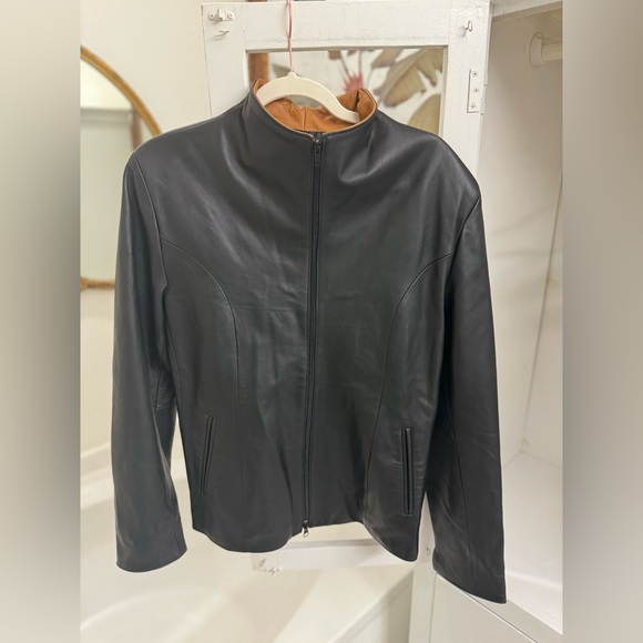 Women’s Giotto High Class Handmade Soft Black Leather Jacket with Tan lapel - Picture 1 of 9
